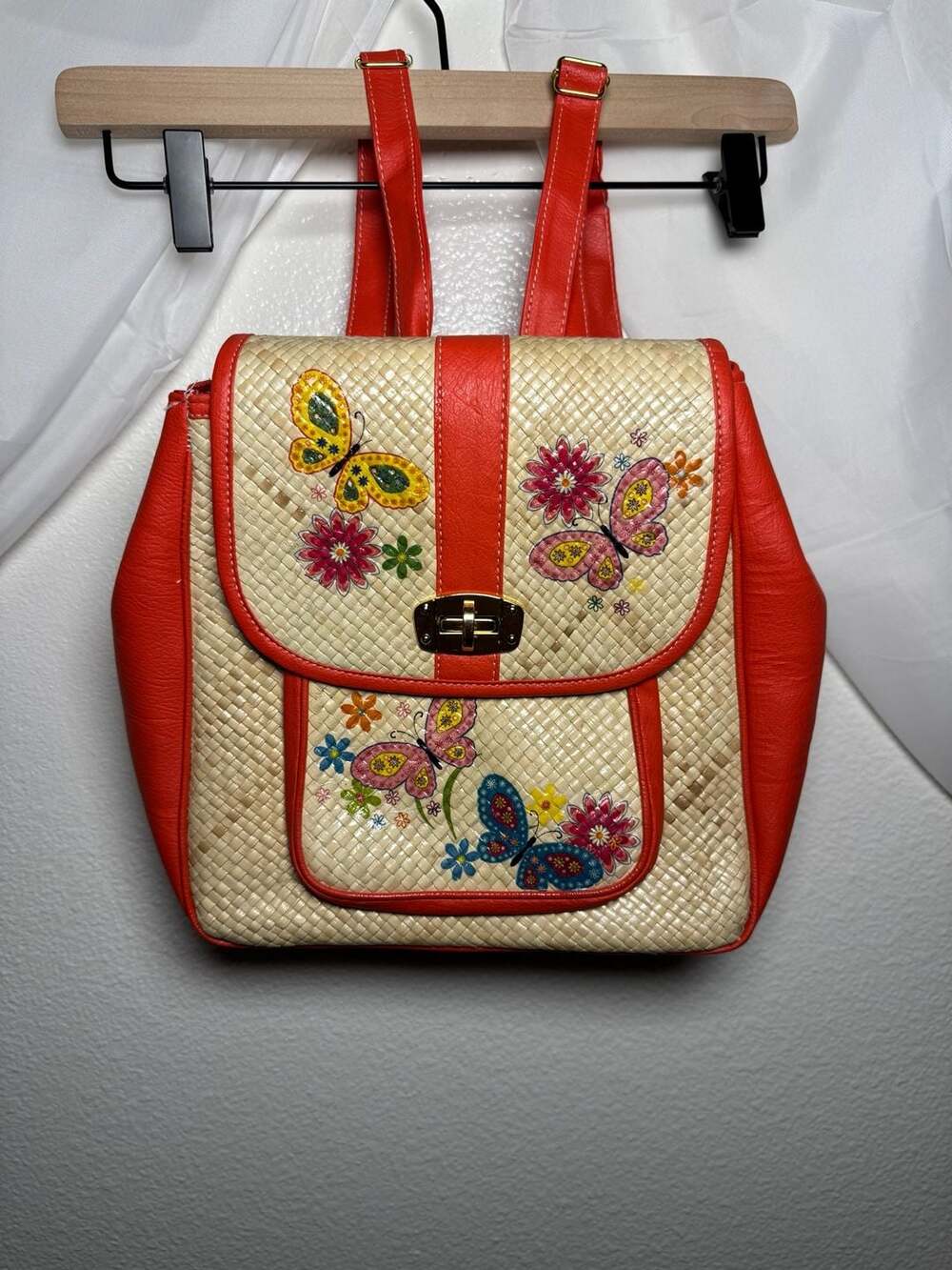 New Handwoven Straw Backpack with Butterfly Floral Print